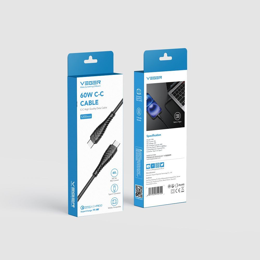 VEGER cable Type to Type C PD 3A 60W V106 1,2 m black