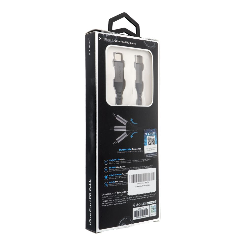 X-ONE Ultra Pro LED data cable - type C to C - black 5A max 100W