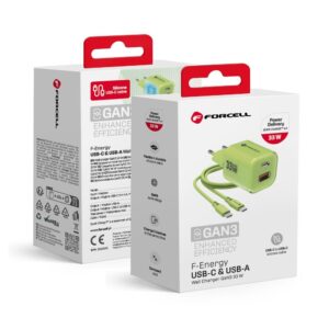 FORCELL F-ENERGY Crystal Color GaN III VT-41 travel charger with silicone cable with 1 x Type C + 1x USB A sockets, PD QC4.0 33W green