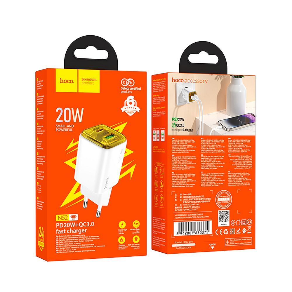 HOCO wall charger USB A + Type C PD QC3.0 3A 20W N52 white
