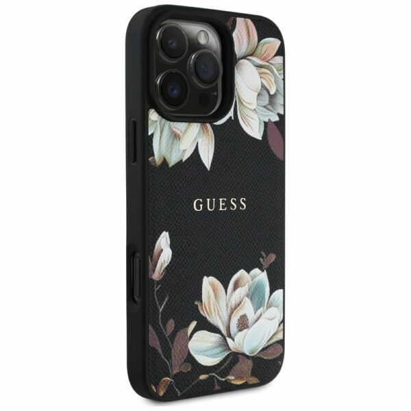 GUESS case for IPHONE 16 Pro compatible with MagSafe GUHMP16LPGNMPLMK (PU Grained Flowers Classic Logo) black
