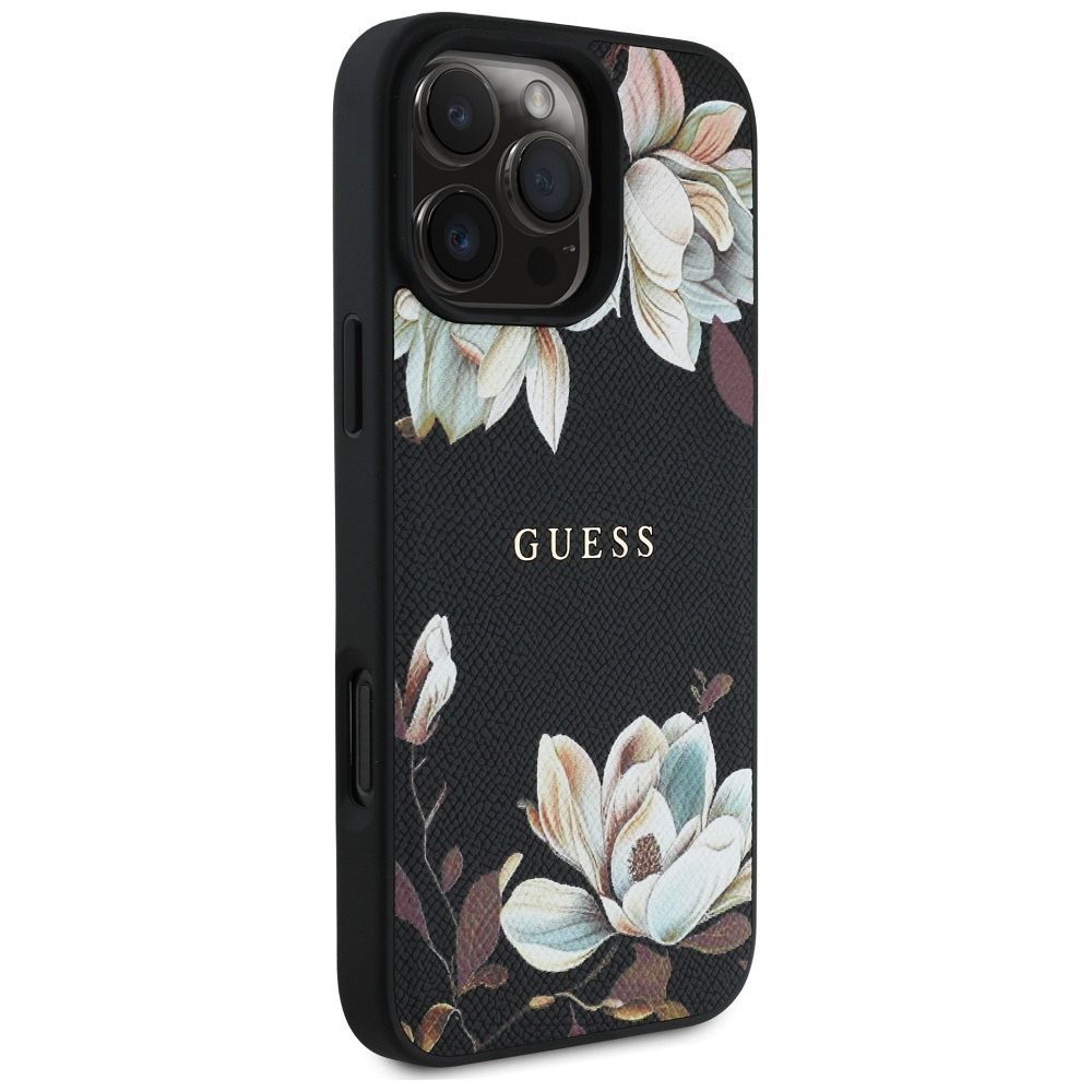 GUESS case for IPHONE 16 Pro compatible with MagSafe GUHMP16LPGNMPLMK (PU Grained Flowers Classic Logo) black
