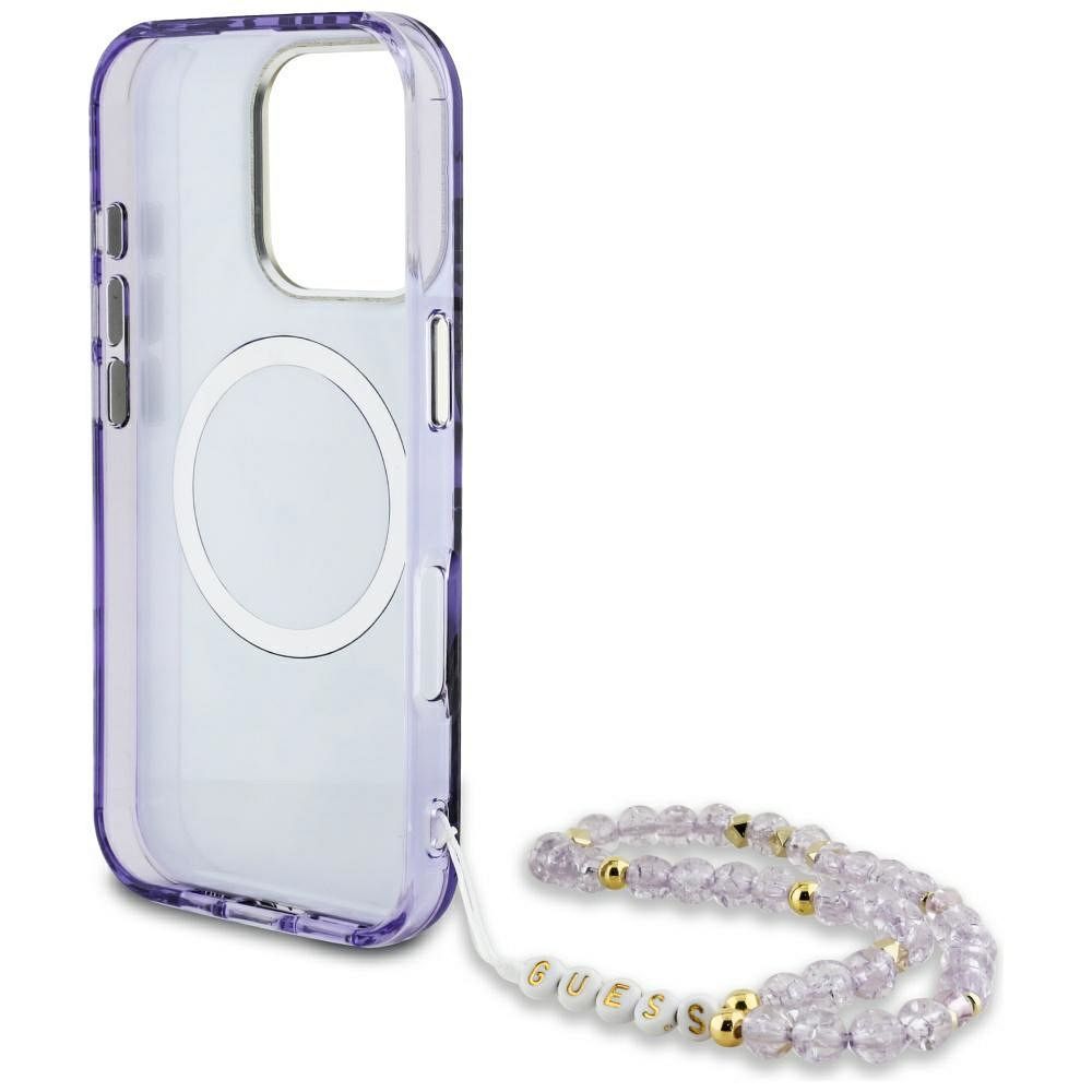 GUESS case for IPHONE 16 Pro compatible with MagSafe GUHMP16LHPCTPLSU (IML Palm Trees Triangle W/ Pearl Strap) purple