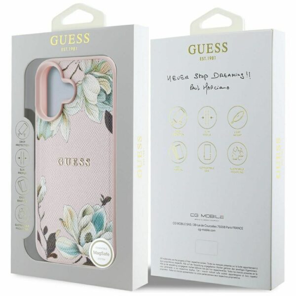 GUESS case for IPHONE 16 compatible with MagSafe GUHMP16SPGNMPLMP (PU Grained Flowers Classic Logo) pink