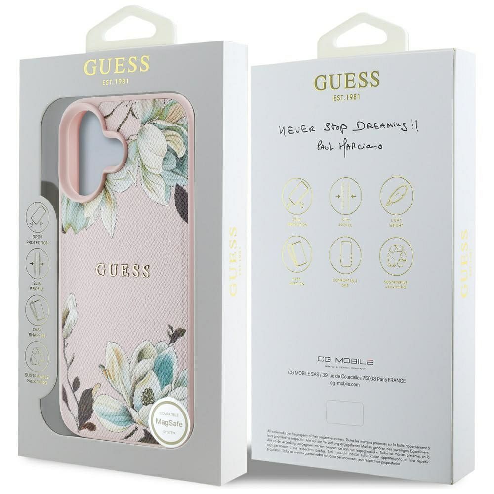 GUESS case for IPHONE 16 compatible with MagSafe GUHMP16SPGNMPLMP (PU Grained Flowers Classic Logo) pink