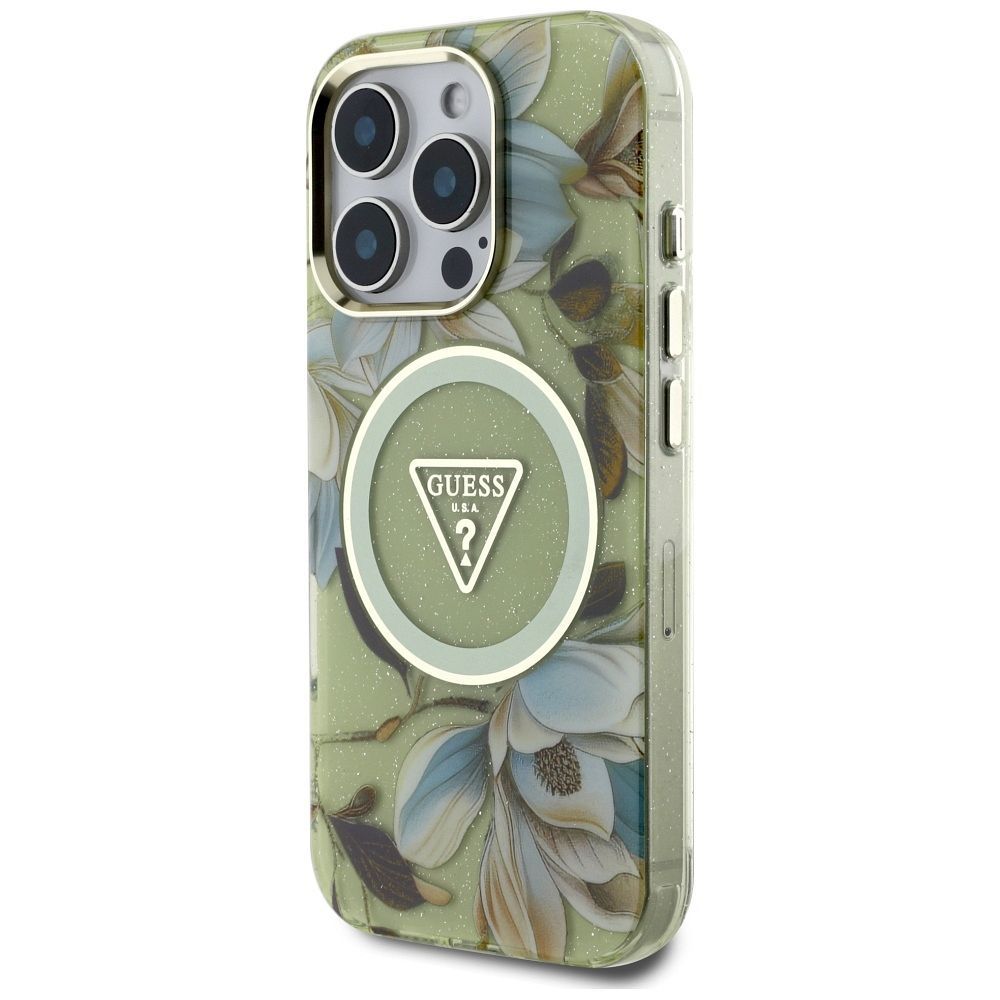 GUESS case for IPHONE 16 Pro compatible with MagSafe GUHMP16LHFLPEDN (IML Metal Glitter Flowers Triangle) green
