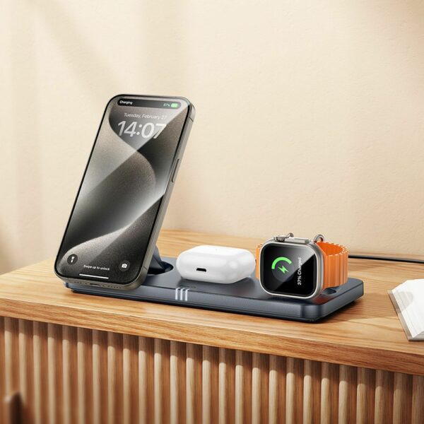 HOCO folding wireless charger 3in1 compatible with MagSafe and APPLE Watch 3A 15W CQ22 metal gray