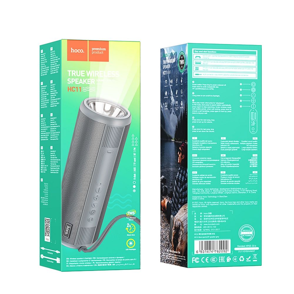 HOCO bluetooth / wireless speaker + flashlight HC11 Bora sports grey