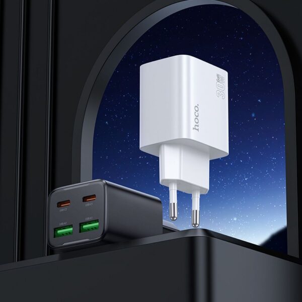 HOCO charger 2 x Type C + 2 x USB A + cable Type C to Lightning PD QC3.0 3A 30W N56 white