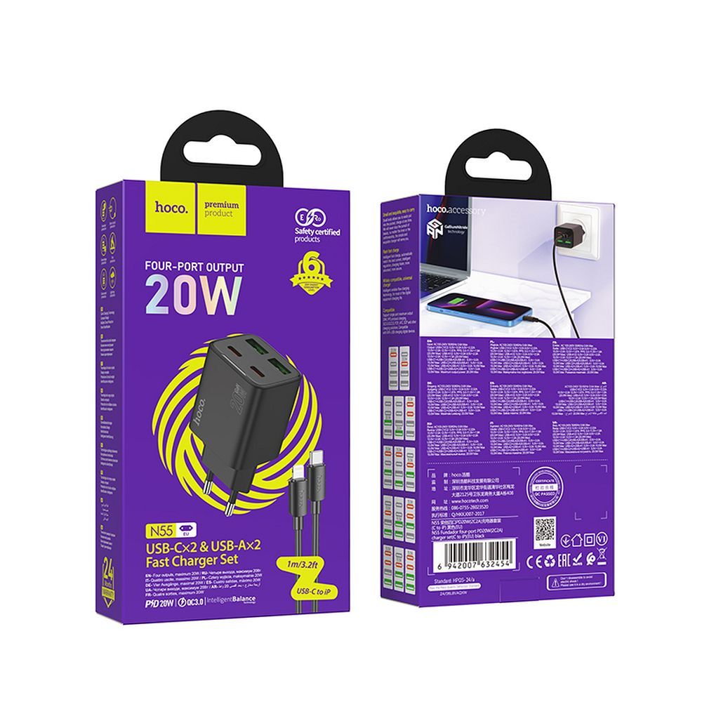 HOCO charger 2 x Type C + 2 x USB A + cable Type C to Lightning PD QC3.0 3A 20W N55 black