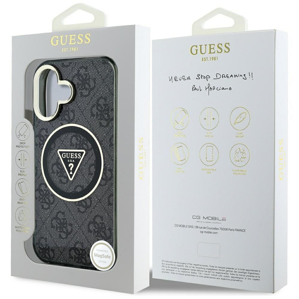 GUESS case for IPHONE 16 compatible with MagSafe GUHMP16SHG4PRTGK (IML Metal Glitter 4G Circle Triangle) black
