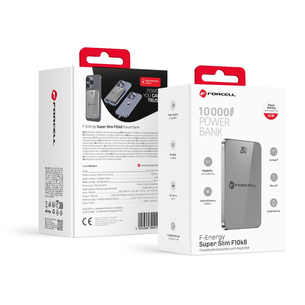 FORCELL F-ENERGY F10K8 Super Slim powerbank compatible with MagSafe PD3.0 QC4.0 15W 10000 mAh grey
