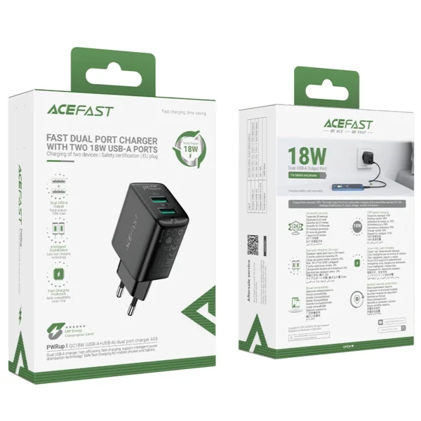 Acefast charger 2x USB 18W QC 3.0, AFC, FCP black (A33 black)eng