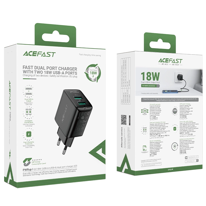 Acefast charger 2x USB 18W QC 3.0, AFC, FCP black (A33 black)eng