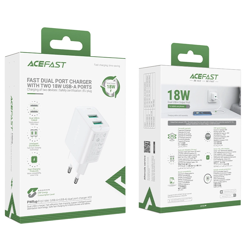 Acefast charger 2x USB 18W QC 3.0, AFC, FCP white (A33 white)eng