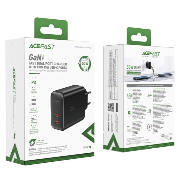 Acefast A29 PD50W GaN (USB-C + USB-C) dual port charger blackeng