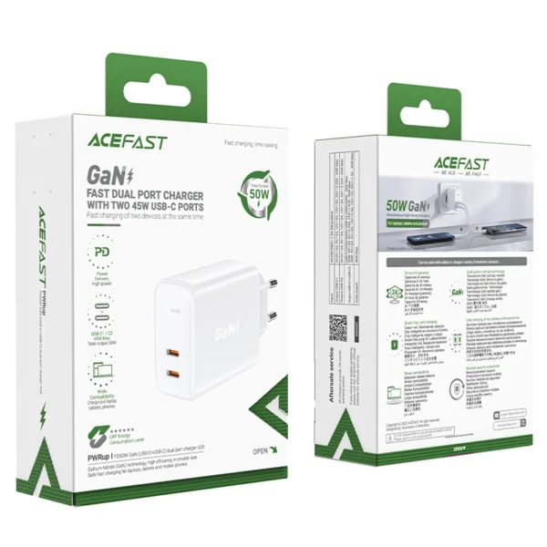 Acefast charger GaN USB Type C 50W, PD, QC 3.0, AFC, FCP white (A29 white)eng