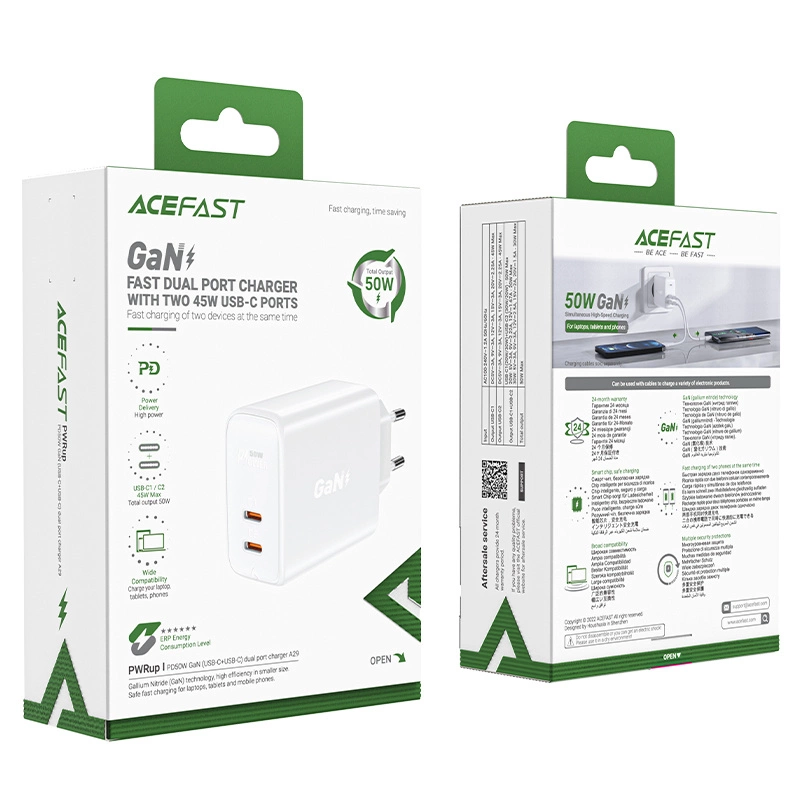Acefast charger GaN USB Type C 50W, PD, QC 3.0, AFC, FCP white (A29 white)eng
