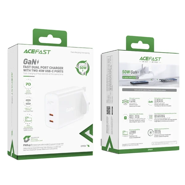 Acefast GaN charger (UK plug) 2x USB Type C 50W, Power Delivery, PPS, Q3 3.0, AFC, FCP (A32 UK)eng
