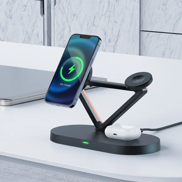 Acefast 15W Qi Wireless Charger for iPhone (with MagSafe), Apple Watch and Apple AirPods Stand Holder Magnetic Holder Black (E9 black)eng