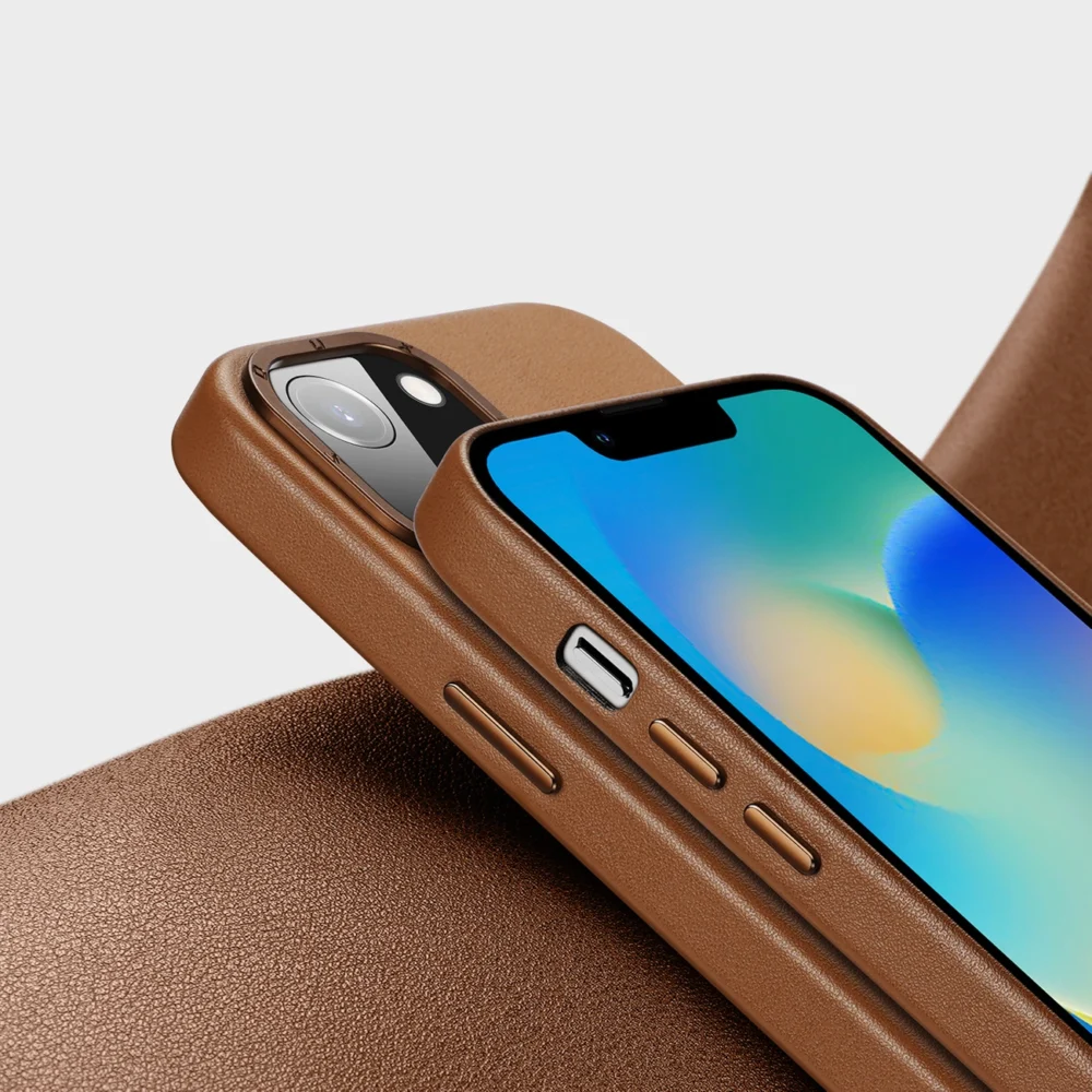 Dux Ducis Grit Leather Case for iPhone 14 Elegant Faux Leather Cover (MagSafe Compatible) Browneng