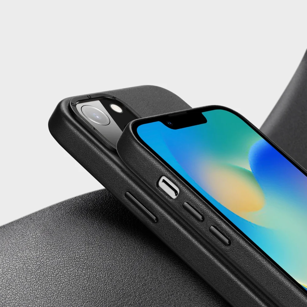 Dux Ducis Grit Leather Case for iPhone 14 Plus Elegant Faux Leather Cover (MagSafe Compatible) Blackeng