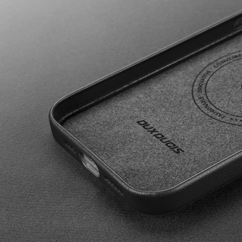 Dux Ducis Grit Leather Case for iPhone 14 Plus Elegant Faux Leather Cover (MagSafe Compatible) Blackeng
