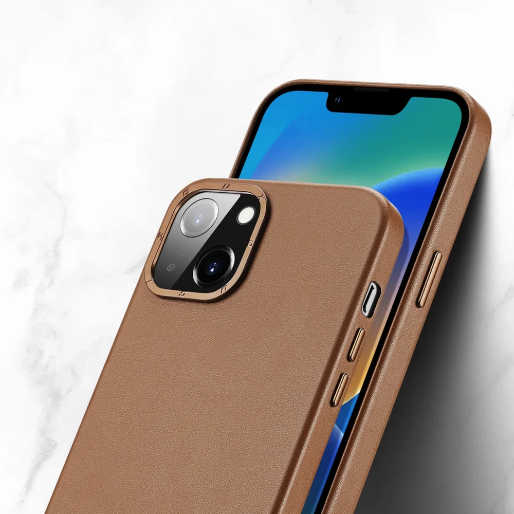 Dux Ducis Grit Leather Case for iPhone 14 Plus Elegant Faux Leather Cover (MagSafe Compatible) Browneng