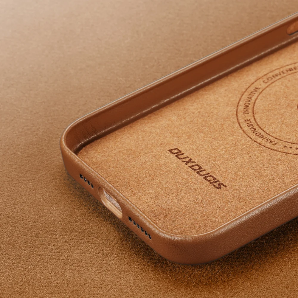Dux Ducis Grit Leather Case for iPhone 14 Plus Elegant Faux Leather Cover (MagSafe Compatible) Browneng