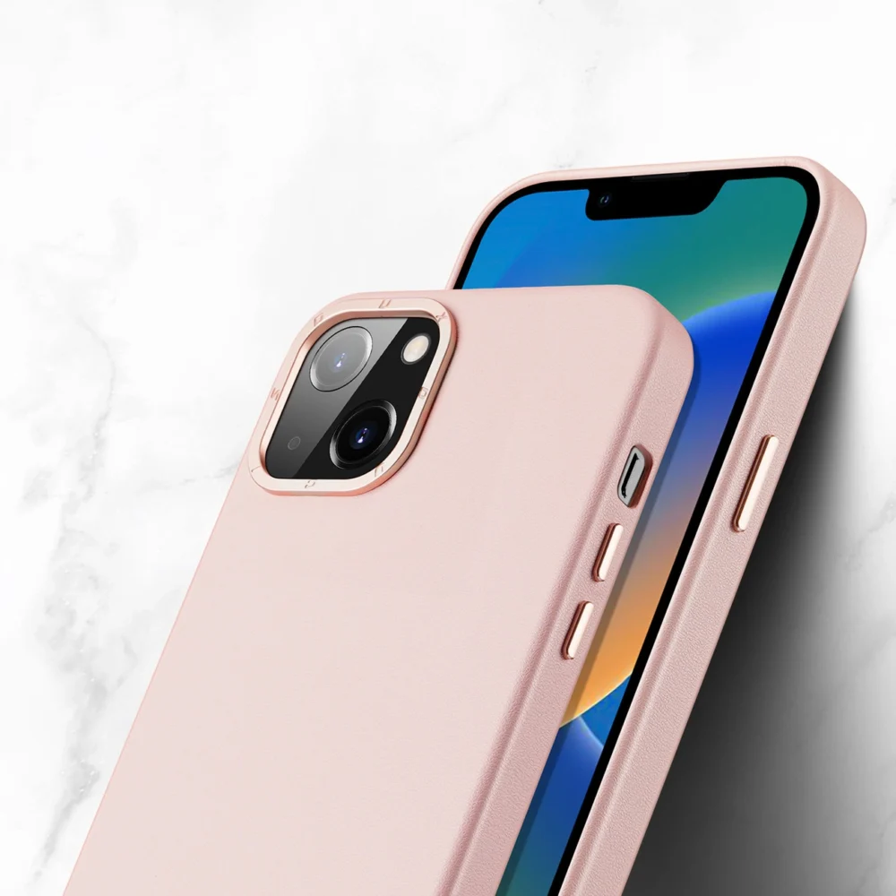 Dux Ducis Grit Leather Case for iPhone 14 Plus Elegant Faux Leather Cover (MagSafe Compatible) Pinkeng