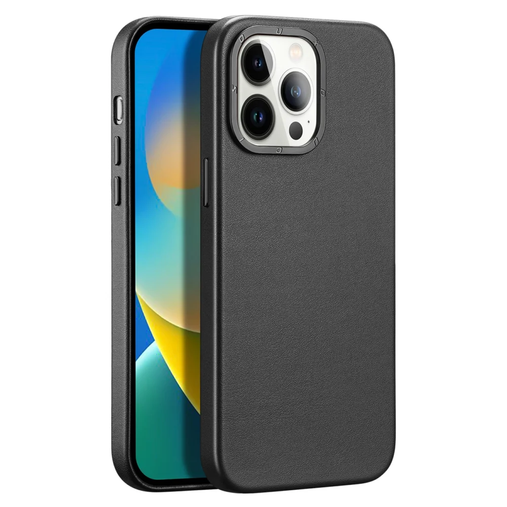 Dux Ducis Grit Leather Case for iPhone 14 Pro Elegant Faux Leather Cover (MagSafe Compatible) Blackeng