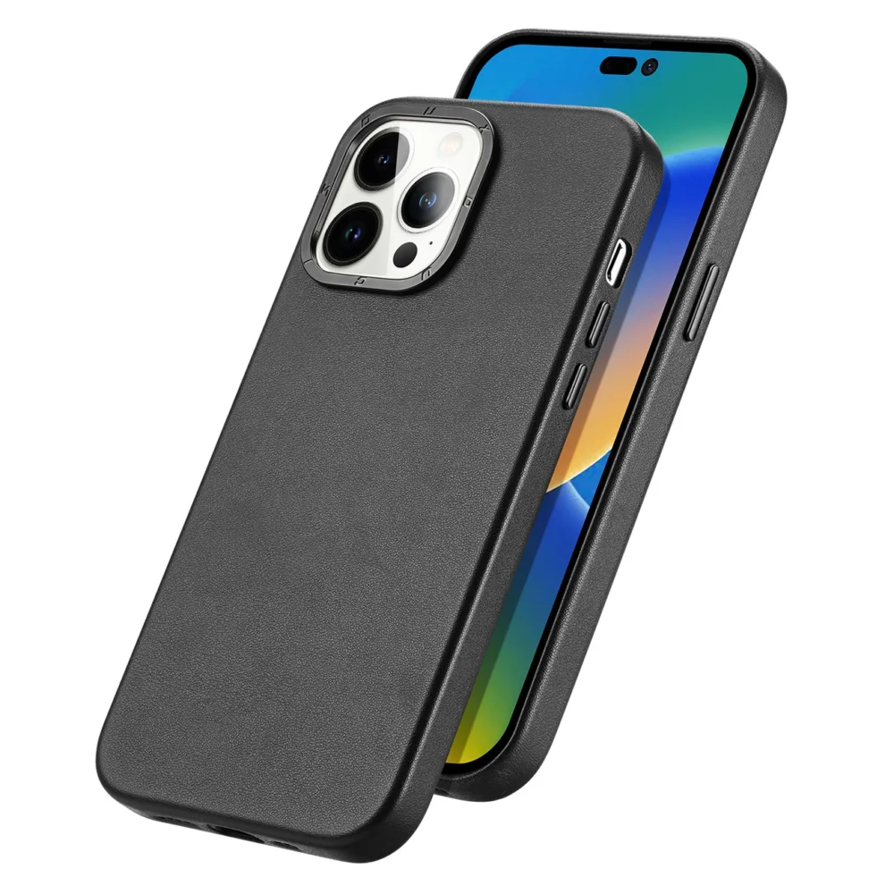 Dux Ducis Grit Leather Case for iPhone 14 Pro Elegant Faux Leather Cover (MagSafe Compatible) Blackeng