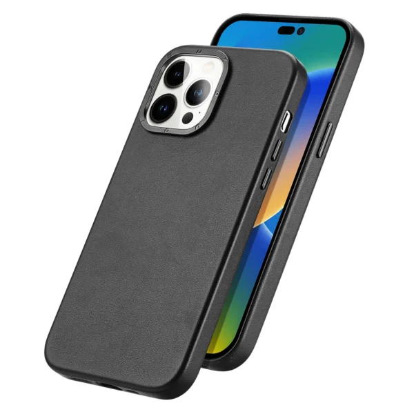 Dux Ducis Grit Leather Case for iPhone 14 Pro Elegant Faux Leather Cover (MagSafe Compatible) Blackeng