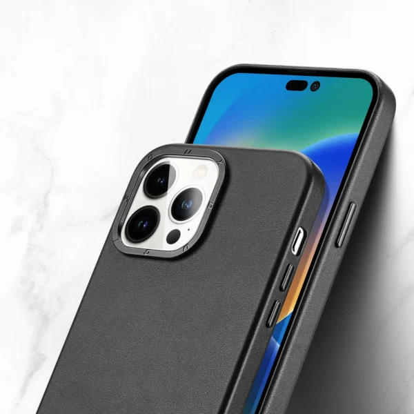 Dux Ducis Grit Leather Case for iPhone 14 Pro Elegant Faux Leather Cover (MagSafe Compatible) Blackeng