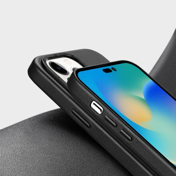 Dux Ducis Grit Leather Case for iPhone 14 Pro Elegant Faux Leather Cover (MagSafe Compatible) Blackeng