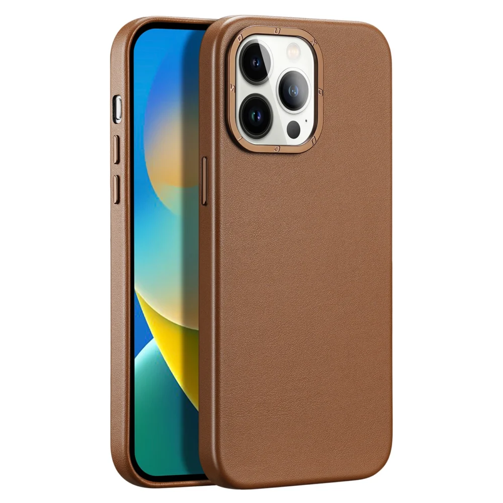 Dux Ducis Grit Leather Case for iPhone 14 Pro Max Elegant Faux Leather Cover (MagSafe Compatible) Browneng