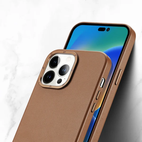 Dux Ducis Grit Leather Case for iPhone 14 Pro Max Elegant Faux Leather Cover (MagSafe Compatible) Browneng