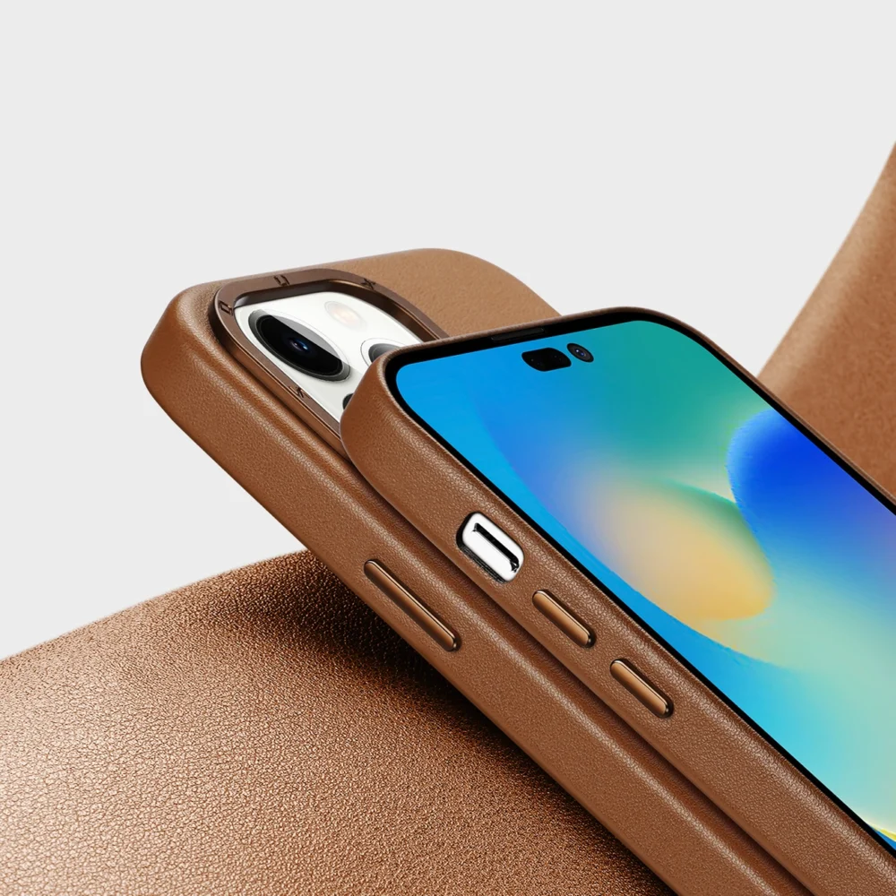Dux Ducis Grit Leather Case for iPhone 14 Pro Max Elegant Faux Leather Cover (MagSafe Compatible) Browneng