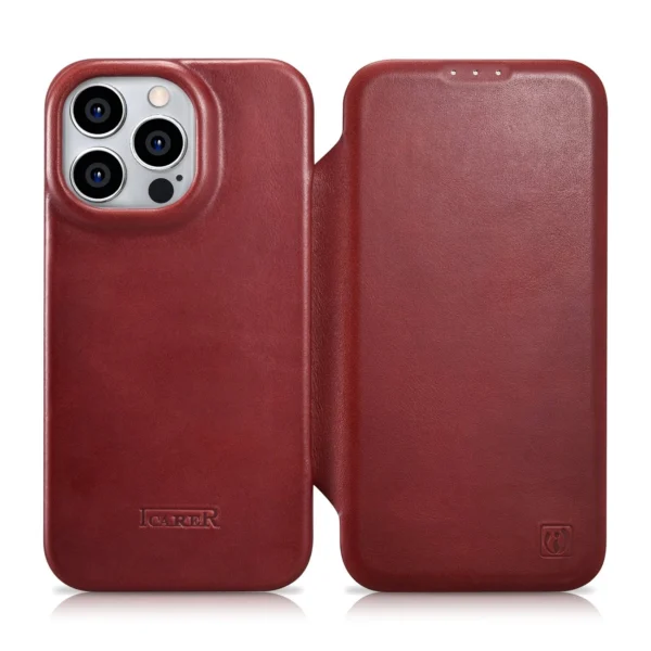iCarer CE Oil Wax Premium Leather Folio Case Leather Case iPhone 14 Pro Magnetic Flip MagSafe Red (AKI14220706-RD)eng