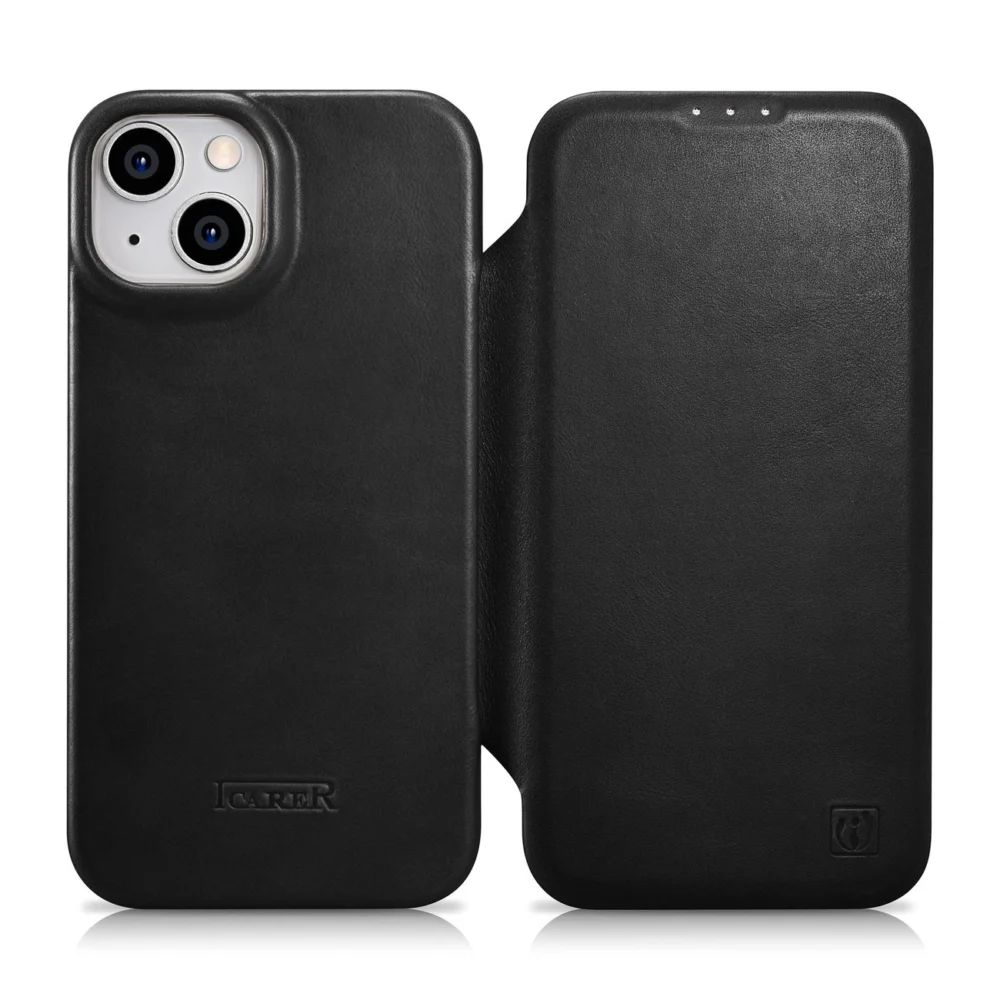iCarer CE Oil Wax Premium Leather Folio Case Leather Case iPhone 14 Plus Magnetic Flip MagSafe Black (AKI14220707-BK)eng