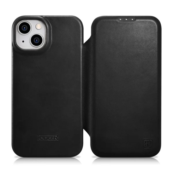 iCarer CE Oil Wax Premium Leather Folio Case Leather Case iPhone 14 Plus Magnetic Flip MagSafe Black (AKI14220707-BK)eng