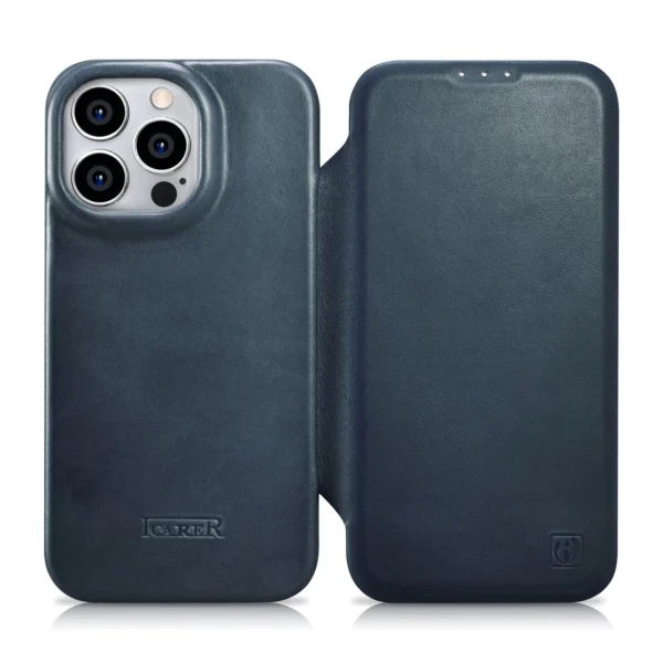 iCarer CE Oil Wax Premium Leather Folio Case Leather Case iPhone 14 Pro Max Magnetic Flip MagSafe Blue (AKI14220708-BU)eng