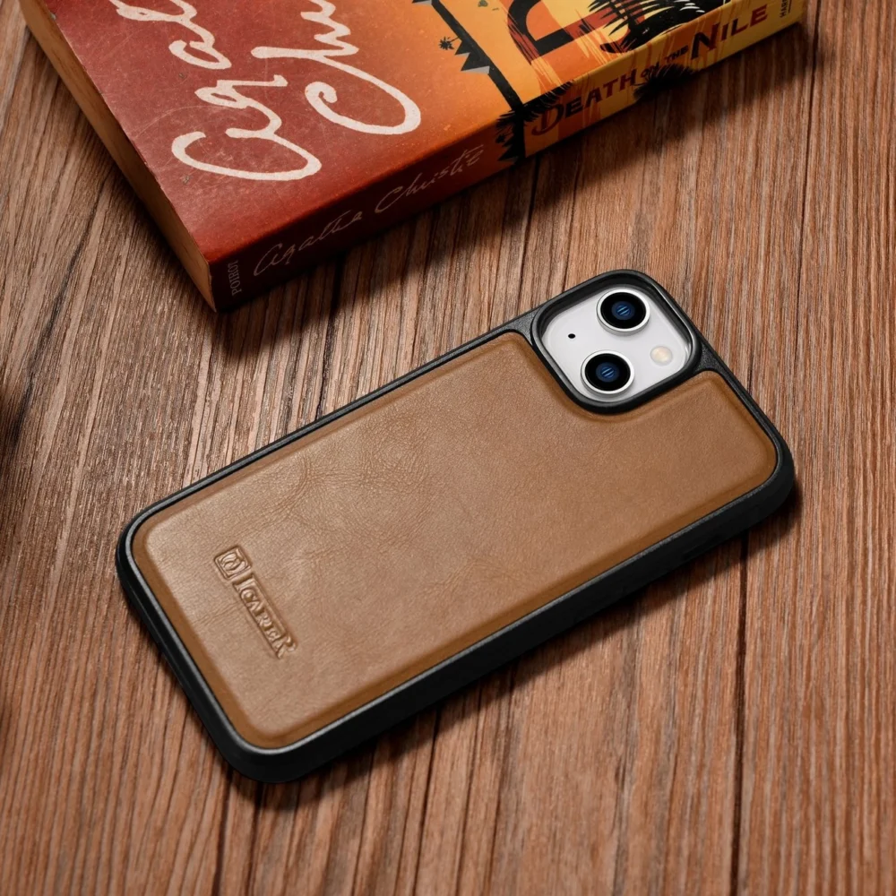 iCarer Leather Oil Wax case covered with natural leather for iPhone 14 brown (WMI14220717-TN)eng