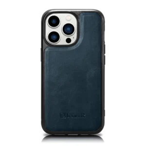 iCarer Leather Oil Wax case covered with natural leather for iPhone 14 Pro blue (WMI14220718-BU)eng