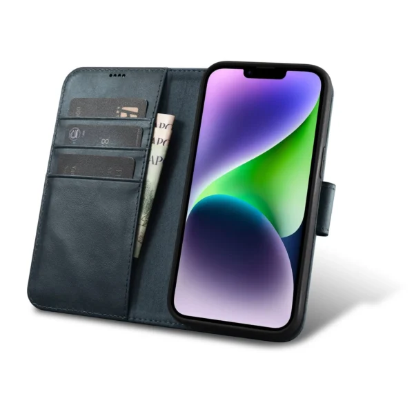 iCarer Oil Wax Wallet Case 2in1 Case iPhone 14 Anti-RFID Leather Flip Case Blue (WMI14220721-BU)eng