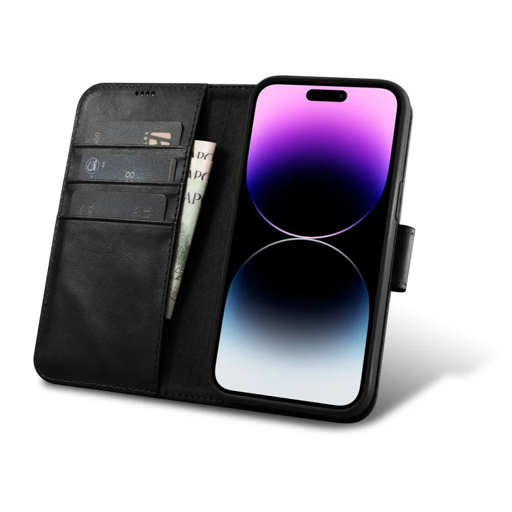 iCarer Oil Wax Wallet Case 2in1 Cover iPhone 14 Pro Leather Flip Cover Anti-RFID black (WMI14220722-BK)eng
