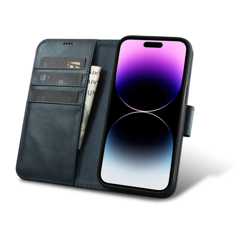 iCarer Oil Wax Wallet Case 2in1 Cover iPhone 14 Pro Anti-RFID Leather Flip Case Blue (WMI14220722-BU)eng