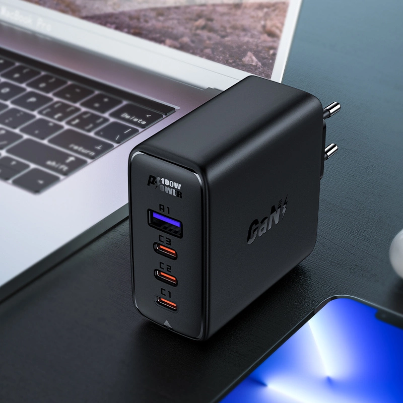 Acefast fast charger GaN 3xUSB-C/1xUSB-A 100W black + angled cable USB-C - USB-C 100W 2m blackeng