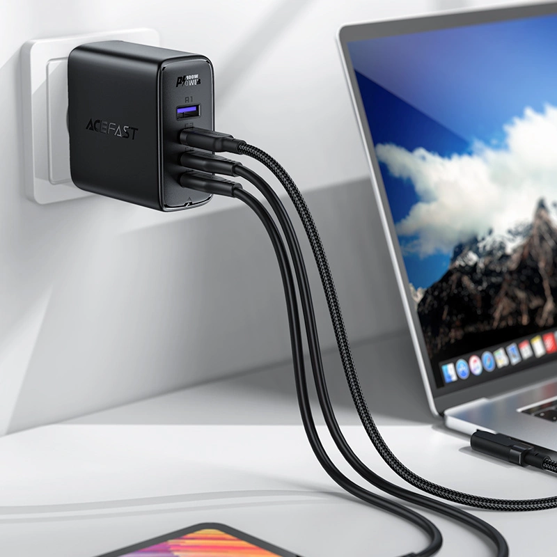 Acefast fast charger GaN 3xUSB-C/1xUSB-A 100W black + angled cable USB-C - USB-C 100W 2m blackeng