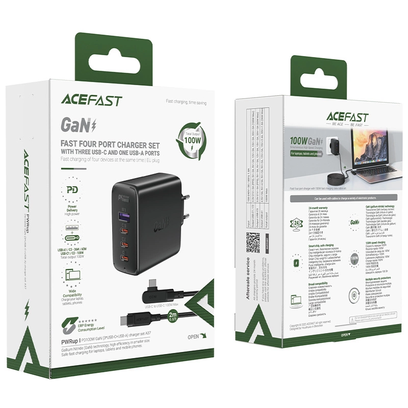 Acefast fast charger GaN 3xUSB-C/1xUSB-A 100W black + angled cable USB-C - USB-C 100W 2m blackeng